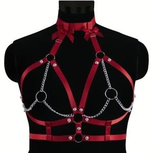 Red Strappy Elastic Chest Harness with Chains